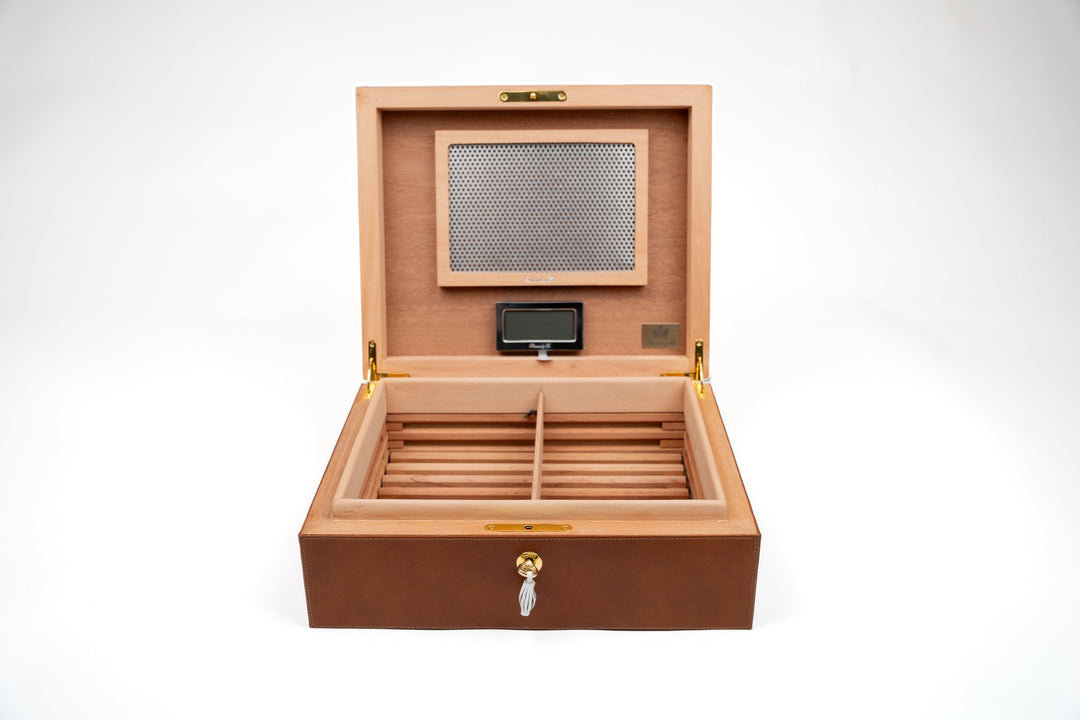 Airflow Humidor 70/80ct Whisky Calf Leather & White (Leather), Brizard and Co luxury cigar accessory at Cigar Inc. Los Angeles