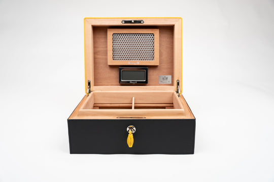 Airflow Humidors (30/40ct) Racing Black & Yellow (Leather), Brizard and Co luxury cigar accessory at Cigar Inc. Los Angeles