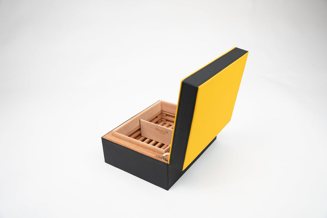 Airflow Humidors (30/40ct) Racing Black & Yellow (Leather), Brizard and Co luxury cigar accessory at Cigar Inc. Los Angeles
