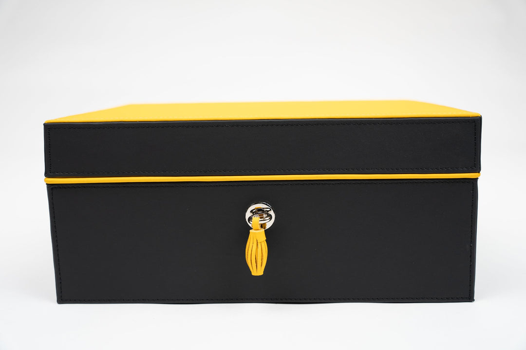 Airflow Humidors (30/40ct) Racing Black & Yellow (Leather), Brizard and Co luxury cigar accessory at Cigar Inc. Los Angeles