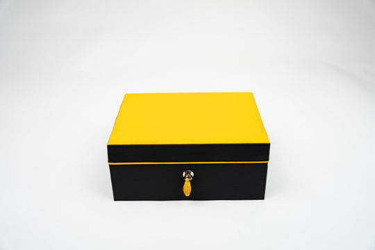 Airflow Humidors (30/40ct) Racing Black & Yellow (Leather), Brizard and Co luxury cigar accessory at Cigar Inc. Los Angeles