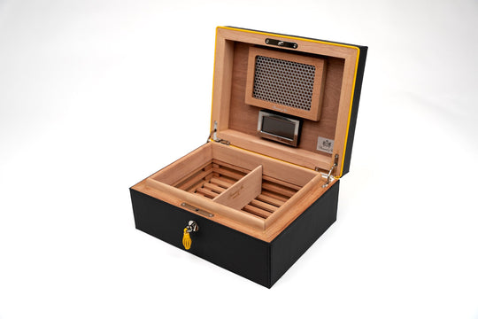Airflow Humidors (30/40ct) Racing Black & Yellow (Leather), Brizard and Co luxury cigar accessory at Cigar Inc. Los Angeles