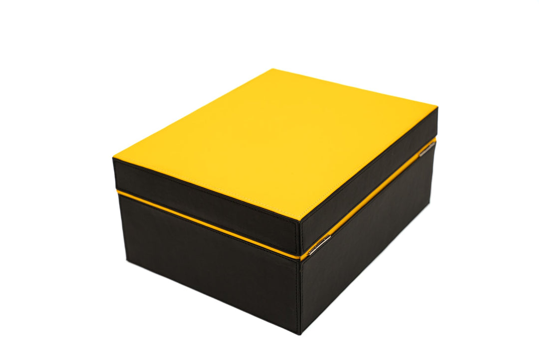 Airflow Humidors (30/40ct) Racing Black & Yellow (Leather), Brizard and Co luxury cigar accessory at Cigar Inc. Los Angeles