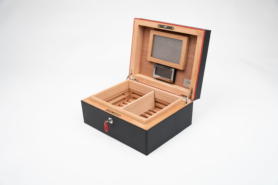 Airflow humidor (30/40 count) Racing Black & Red (Leather), Brizard and Co luxury cigar accessory at Cigar Inc. Los Angeles