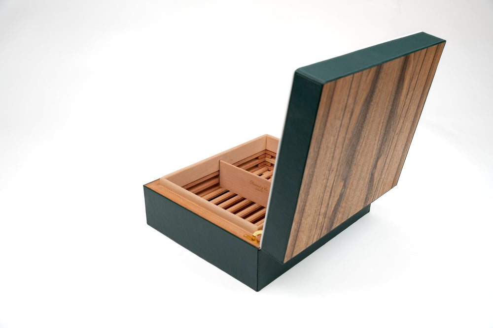 Airflow Humidor Augusta Green w/ Tineo Wood 70/80Ct (Leather, Exotic Wood), Brizard and Co luxury cigar accessory at Cigar Inc. Los Angeles