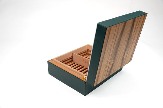 Airflow Humidor Augusta Green w/ Tineo Wood 70/80Ct (Leather, Exotic Wood), Brizard and Co luxury cigar accessory at Cigar Inc. Los Angeles