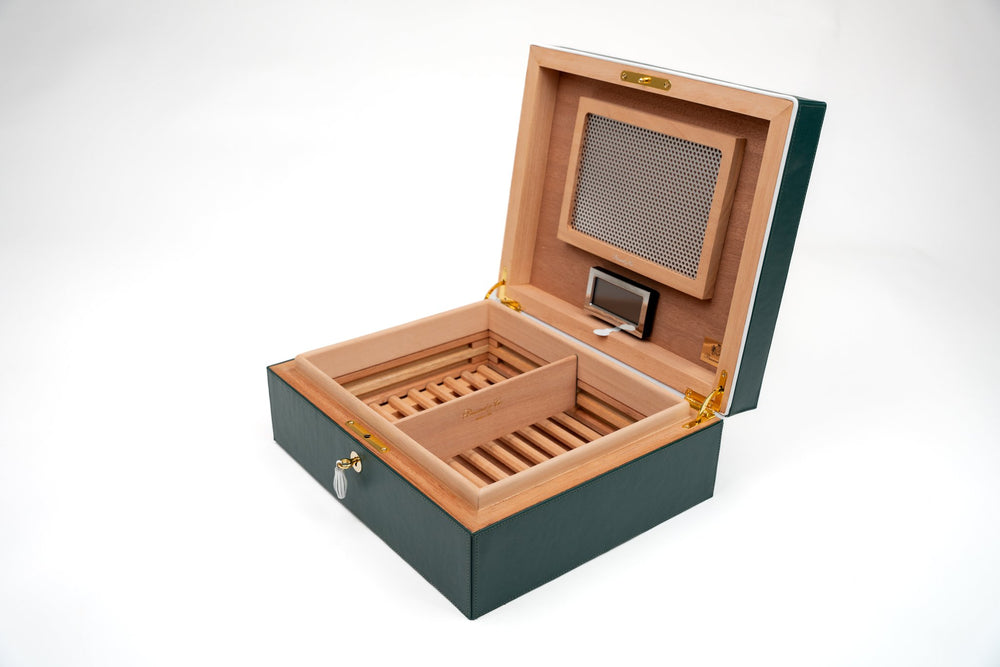 Augusta Green leather and Tineo wood desktop humidor by Brizard and Co