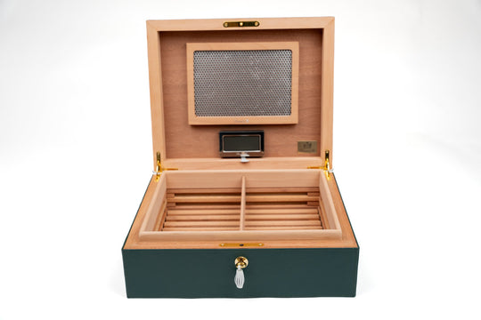 Airflow Humidor Augusta Green w/ Tineo Wood 70/80Ct (Leather, Exotic Wood), Brizard and Co luxury cigar accessory at Cigar Inc. Los Angeles