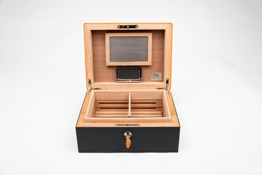 The "Airflow" Cigar Humidor (30/40 Count) - Racing Black & Orange, Brizard and Co luxury cigar accessory at Cigar Inc. Los Angeles