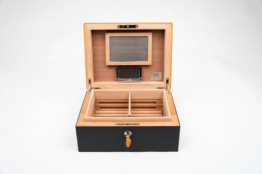 The "Airflow" Cigar Humidor (30/40 Count) - Racing Black & Orange, Brizard and Co luxury cigar accessory at Cigar Inc. Los Angeles