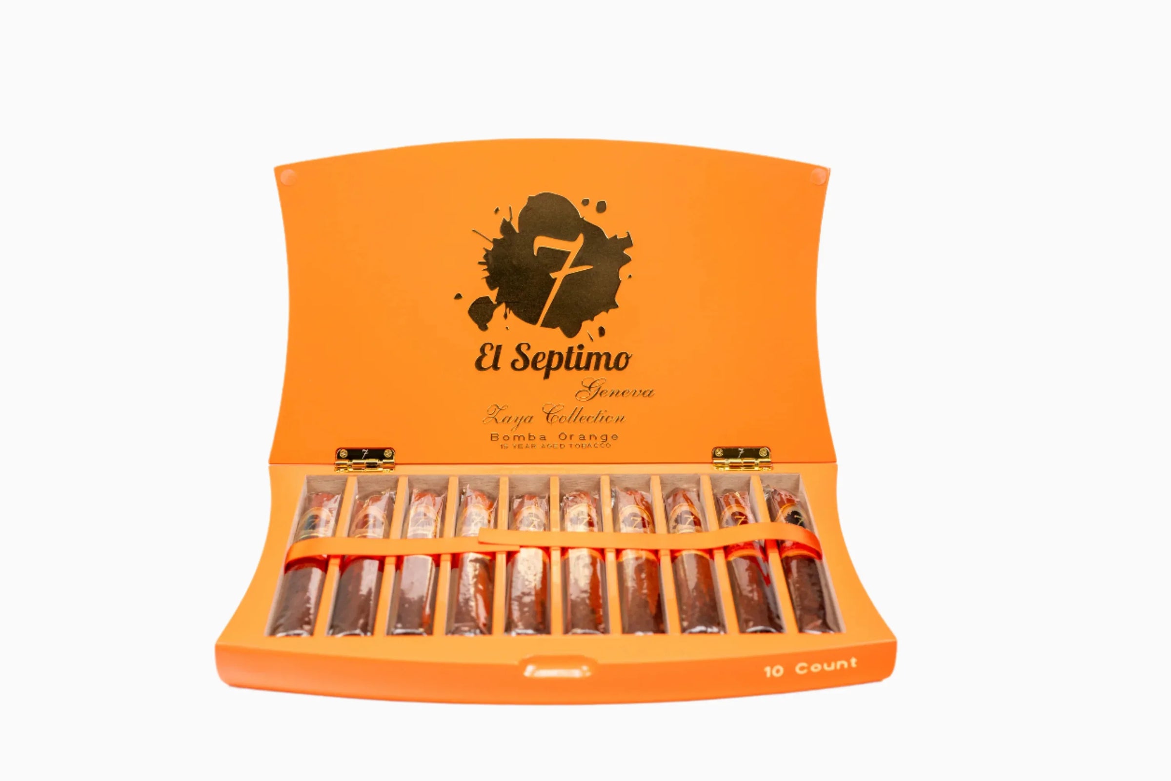 Open orange box of 10 El Septimo - Bomba Orange cigars at Cigar Inc Los Angeles