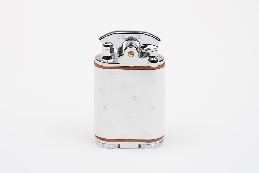 Brizard and Co - Gatsby Table Lighter - Genuine White Ostrich with Tan Leather Piping (St Tropez Collection)