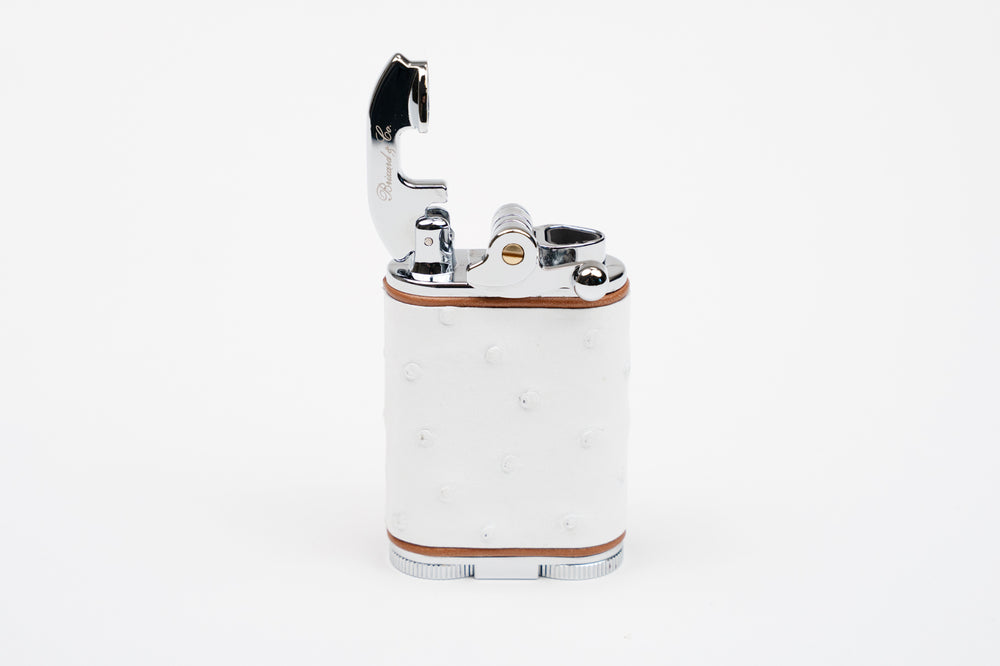 Brizard and Co - Gatsby Table Lighter - Genuine White Ostrich with Tan Leather Piping (St Tropez Collection)