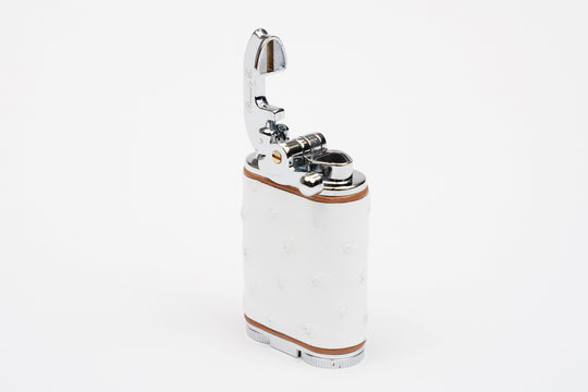 Brizard and Co - Gatsby Table Lighter - Genuine White Ostrich with Tan Leather Piping (St Tropez Collection)