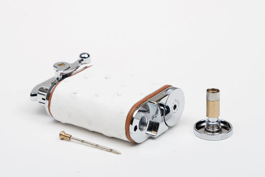 Brizard and Co - Gatsby Table Lighter - Genuine White Ostrich with Tan Leather Piping (St Tropez Collection)