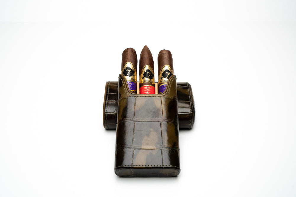 Genuine alligator skin cigar case by Brizard and Co, holds three cigars