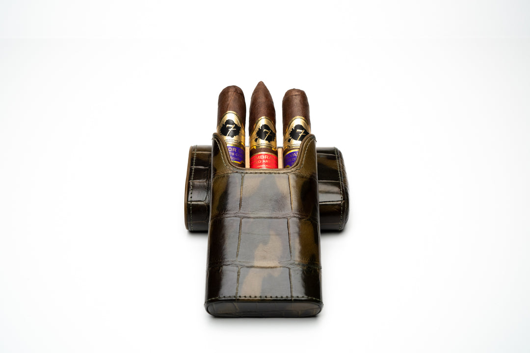 Genuine alligator skin cigar case by Brizard and Co, holds three cigars