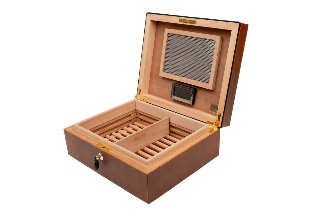 Brizard & Co – “Airflow” Cigar Humidor - Whisky Calf Leather & Black – 70/80 Count