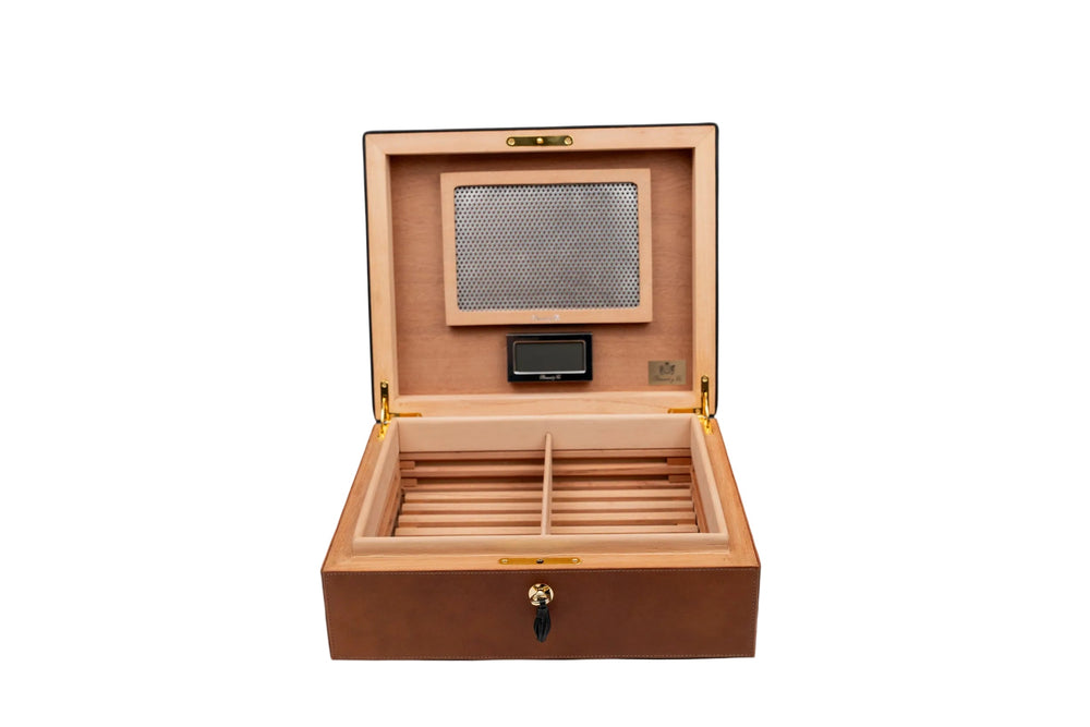 Brizard & Co – “Airflow” Cigar Humidor - Whisky Calf Leather & Black – 70/80 Count