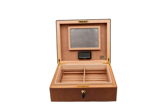 Brizard & Co – “Airflow” Cigar Humidor - Whisky Calf Leather & Black – 70/80 Count