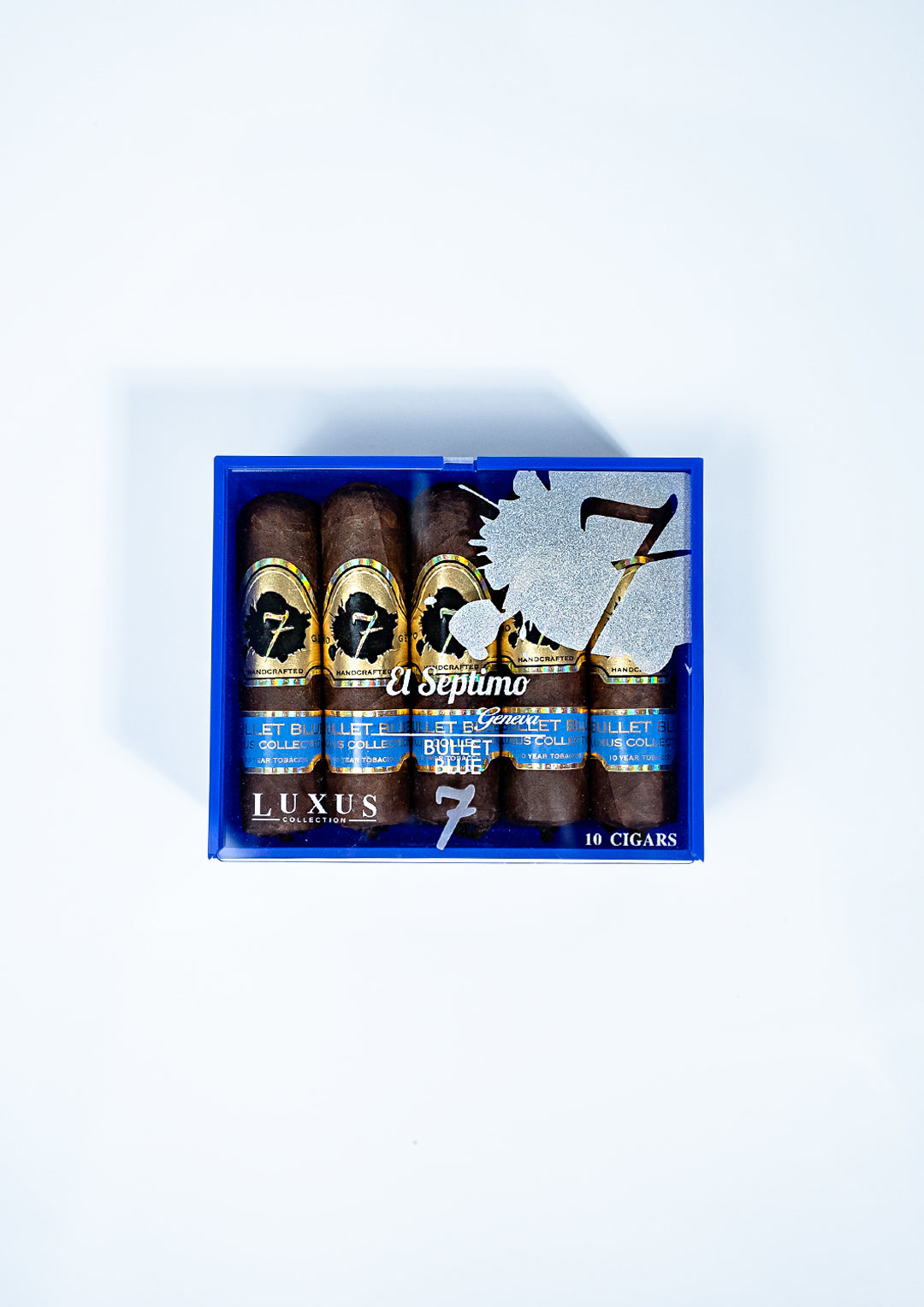 Clear box of of white text containing 10 El Septimo Bullet Blue cigars