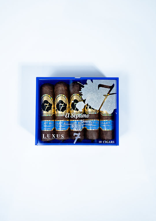 Clear box of of white text containing 10 El Septimo Bullet Blue cigars