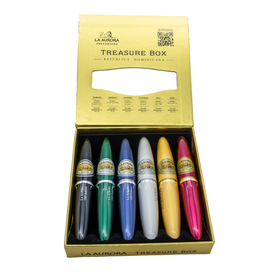 open box of La Aurora Preferidos Treasure Box cigar sampler –  showing 6 luxury perfecto cigars at Los Angeles cigar shop