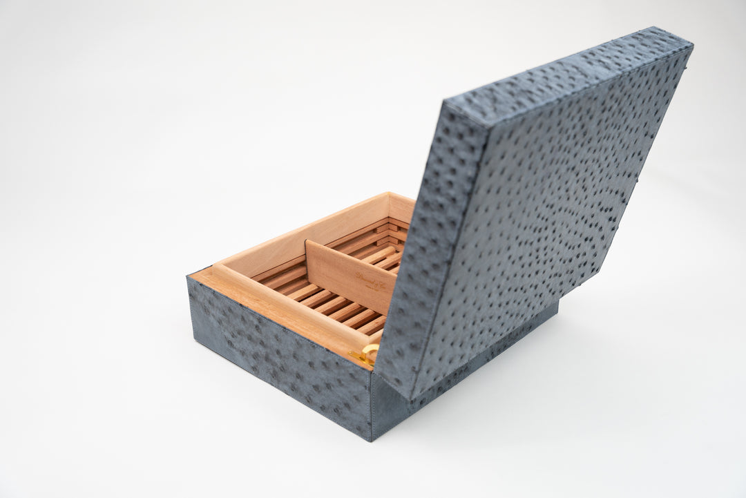 Genuine ostrich desktop humidor by Brizard and Co in blue Bruciato Denim