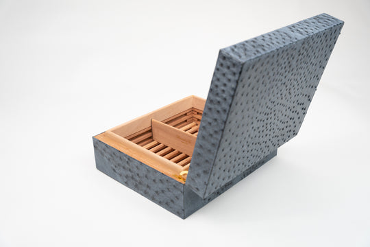 Genuine ostrich desktop humidor by Brizard and Co in blue Bruciato Denim