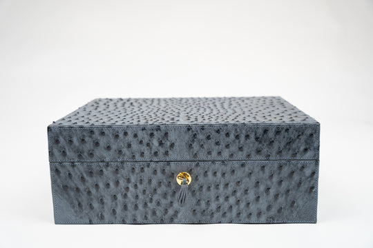 Brizard and Co Airflow humidor in genuine ostrich Bruciato Denim, at Cigar Inc, Woodland Hills