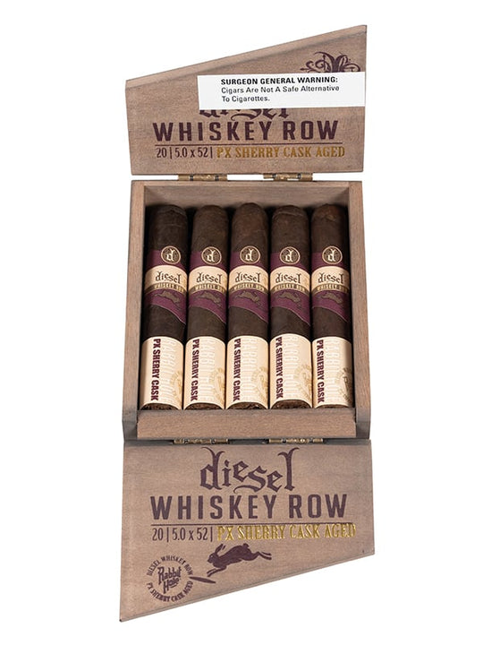 Box of 20 dark brown Diesel Whiskey Row Sherry Cask robusto cigars against a white background in los angeles at cigar inc