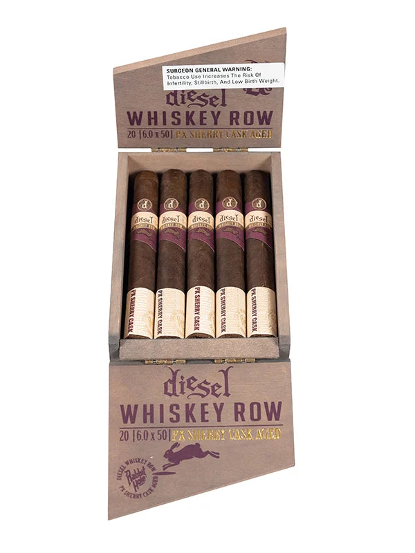 Box of 20 dark brown Diesel Whiskey Row Sherry Cask Toro cigars against a white background in los angeles at cigar inc.