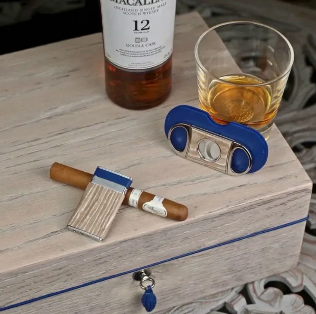 Brizard and Co - Double Guillotine Series 2 Cutter - Bleach Oak Wood and Blue Leather (Leather, Exotic Wood)