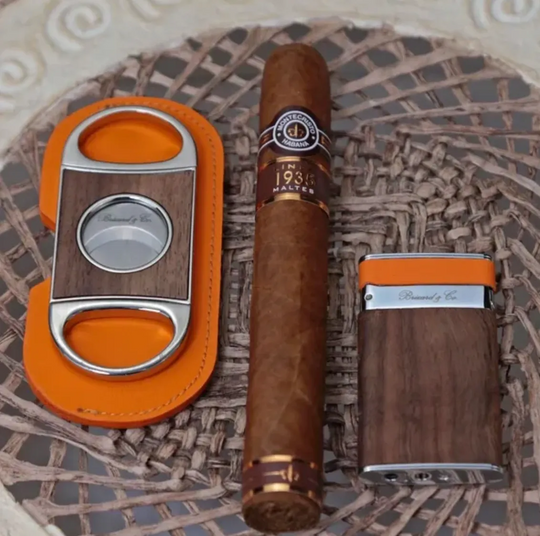 Brizard and Co - Double Guillotine Series 2 Cutter - Curly Walnut and Orange Leather (Leather, Exotic Wood)