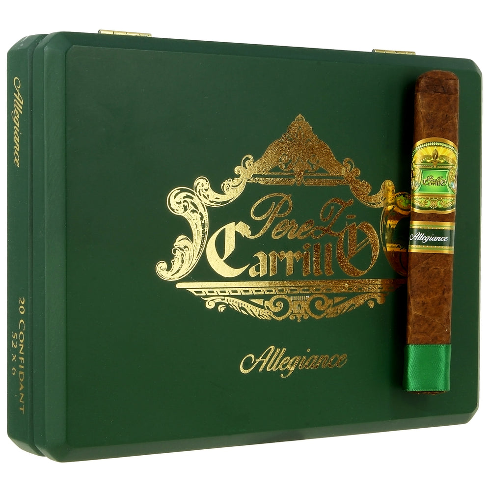 Box of 20 E.P. Carrillo Allegiance Toro Cigars featuring a green box with gold letters. 