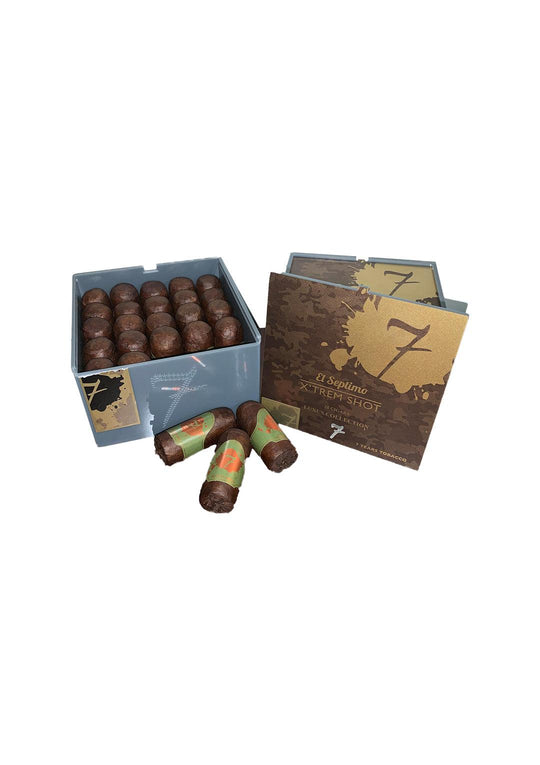 open box of 20 El Septimo X'TREM SHOT Luxus Collection cigar packaging with camouflage design and gold accents.