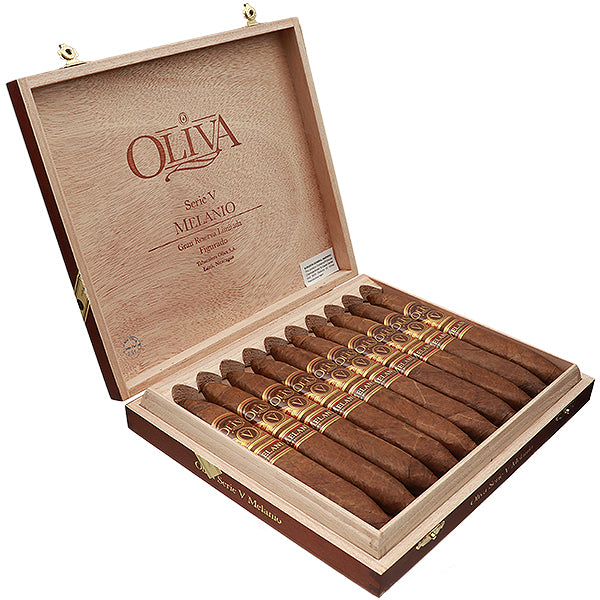 Open wooden box of Oliva cigars on a white background cigar in los angeles
