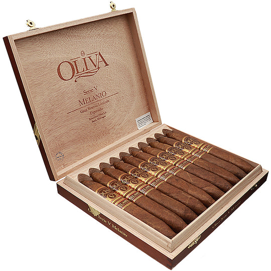 Open wooden box of Oliva cigars on a white background cigar in los angeles