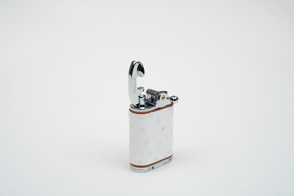 Brizard and Co - Gatsby Table Lighter - Genuine White Ostrich with Tan Leather Piping (St Tropez Collection)