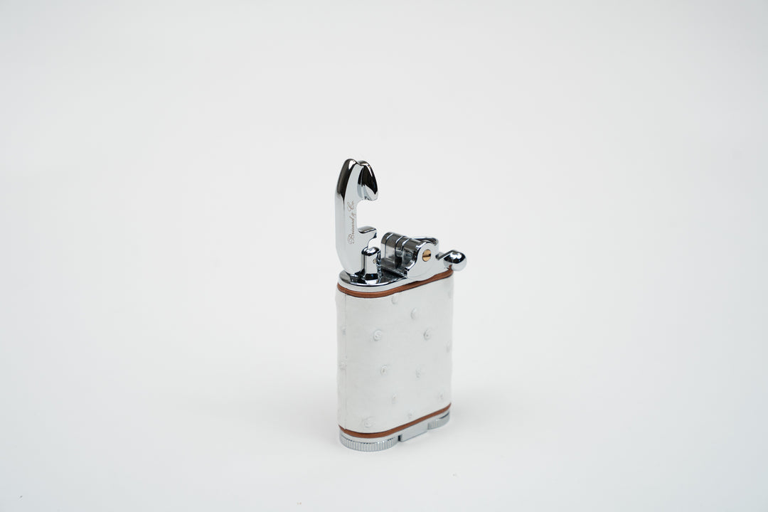 Brizard and Co - Gatsby Table Lighter - Genuine White Ostrich with Tan Leather Piping (St Tropez Collection)