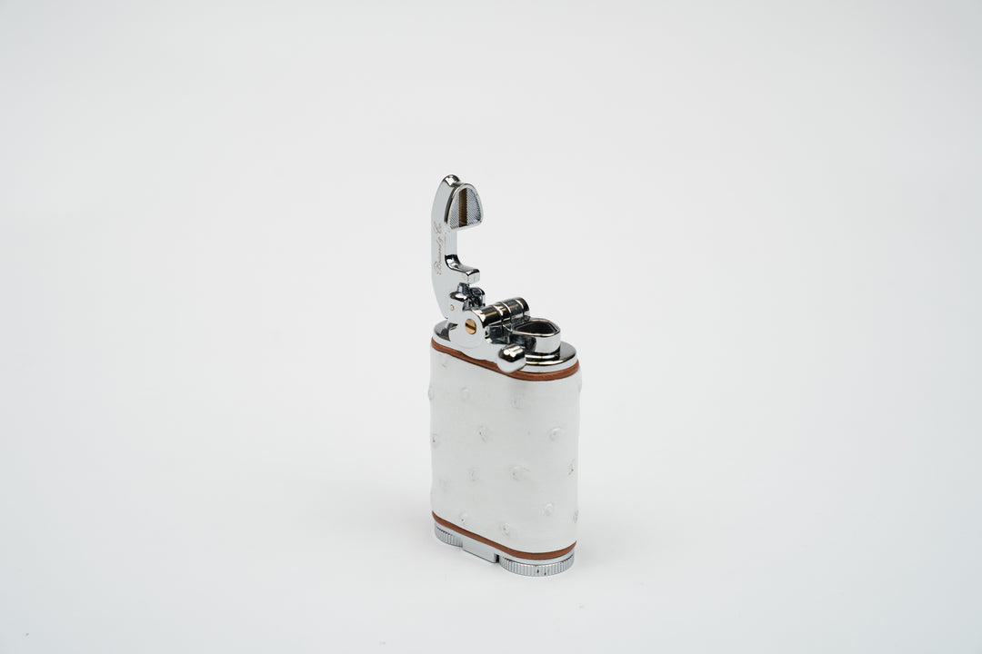 Brizard and Co - Gatsby Table Lighter - Genuine White Ostrich with Tan Leather Piping (St Tropez Collection)