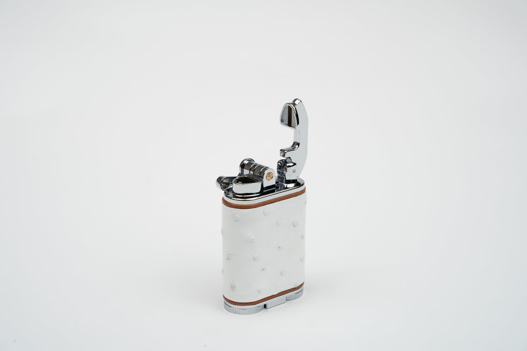 Brizard and Co - Gatsby Table Lighter - Genuine White Ostrich with Tan Leather Piping (St Tropez Collection)