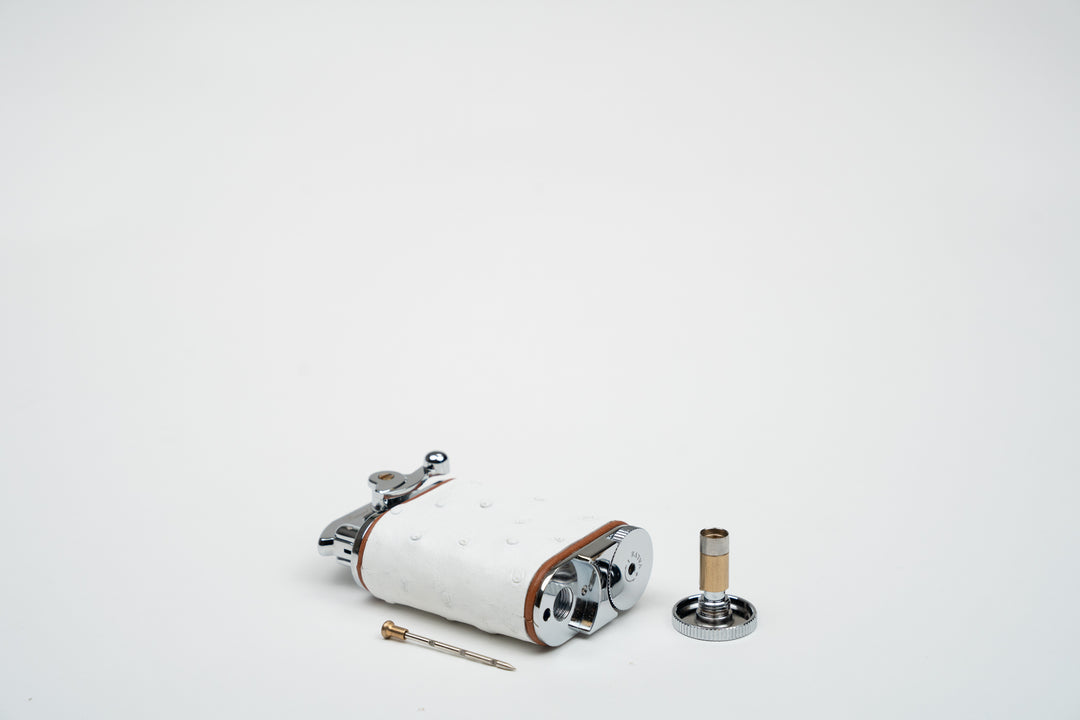 Brizard and Co - Gatsby Table Lighter - Genuine White Ostrich with Tan Leather Piping (St Tropez Collection)