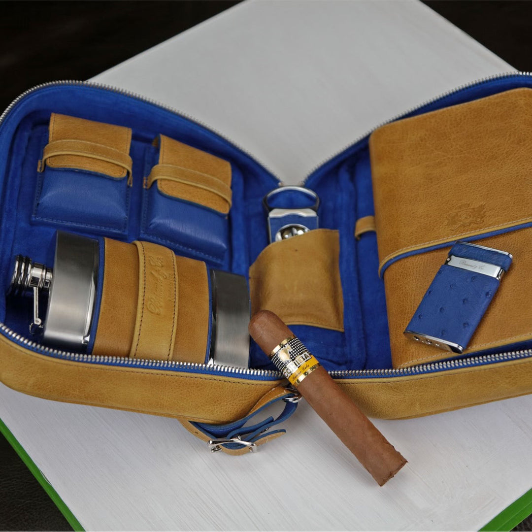 Brizard and Co - Havana Traveler - Blue Ostrich and Camel Color Leather (Leather, Ostrich)