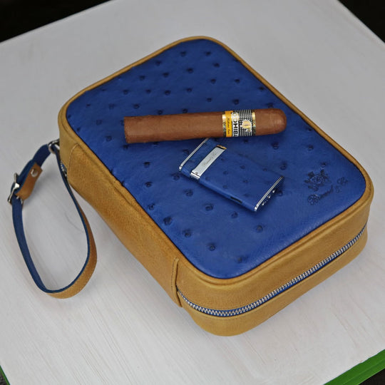 Brizard and Co - Havana Traveler - Blue Ostrich and Camel Color Leather (Leather, Ostrich)