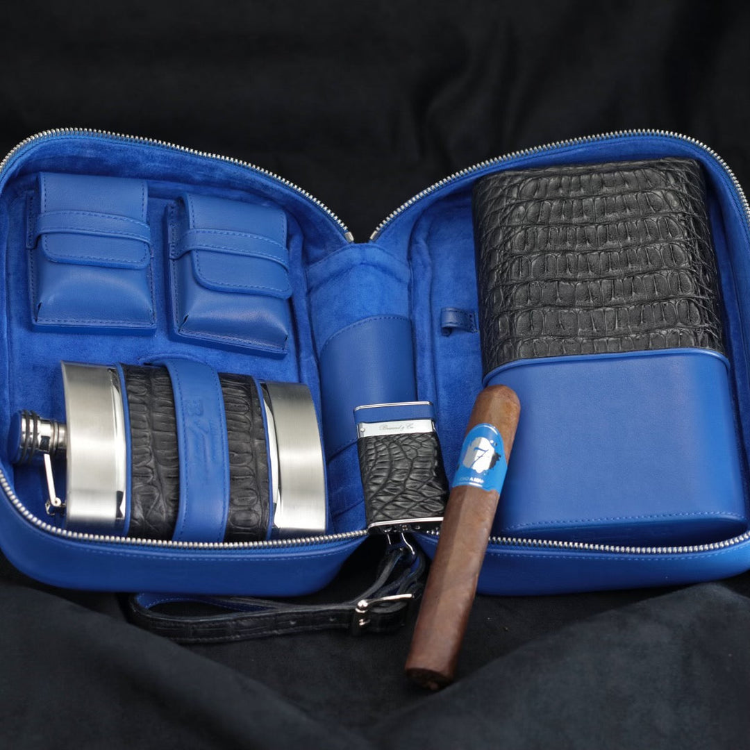 Brizard and Co - Havana Traveler - Genuine Black Caiman Alligator and Blue Leather (Leather, Alligator)