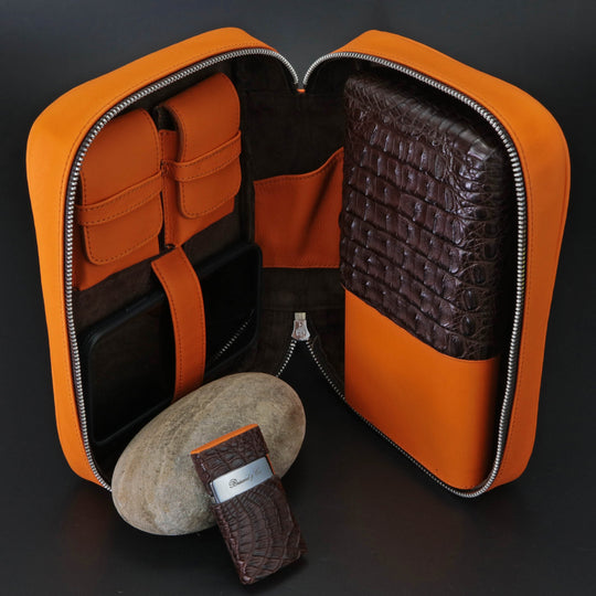 Brizard and Co - Havana Traveler - Genuine Tobacco Caiman Alligator and Orange Leather (Leather, Alligator)