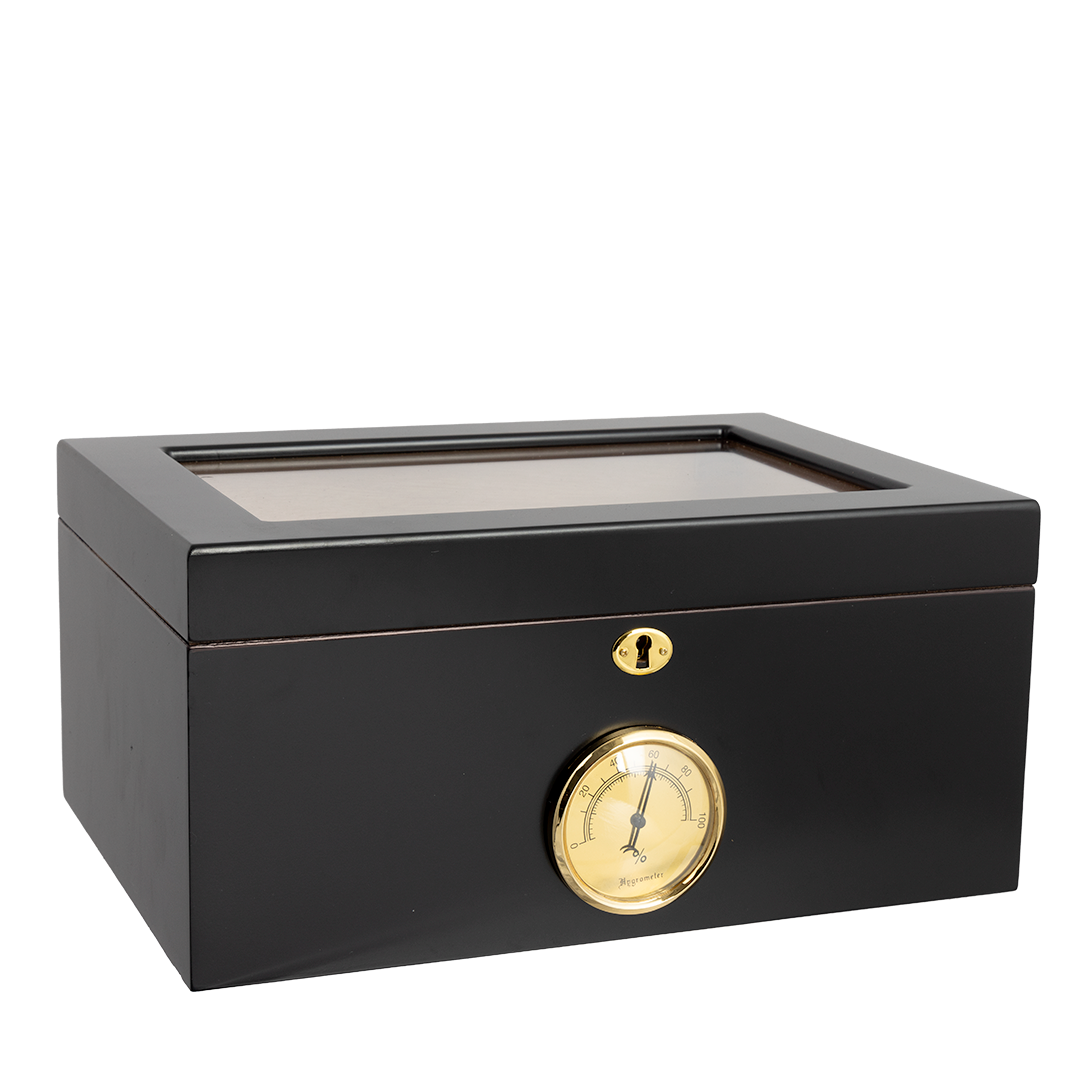 Humidor Supreme Bally Glasstop Humidor in Black 60-105 Cigar Capacity with 4 Xikar-Boveda 84% Seasoning Packs