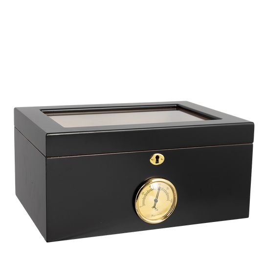 Humidor Supreme Bally Glasstop Humidor in Black 60-105 Cigar Capacity with 4 Xikar-Boveda 84% Seasoning Packs