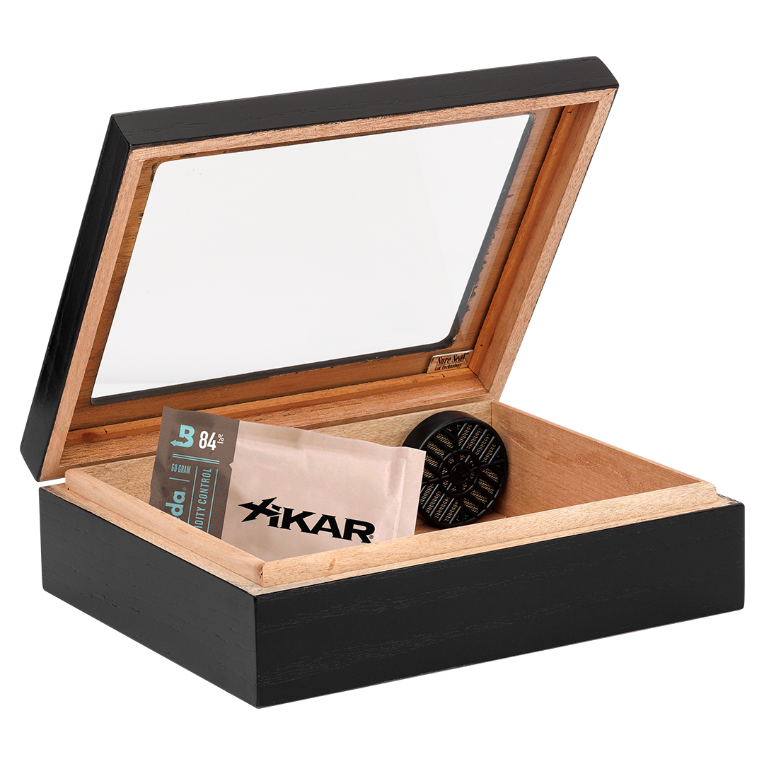 Humidor Supreme Black Travel Glasstop Humidor 20 Cigar Capacity with 2 Xikar-Boveda 84% Seasoning Packs - Model HUM-TR20G-BLK-BOV